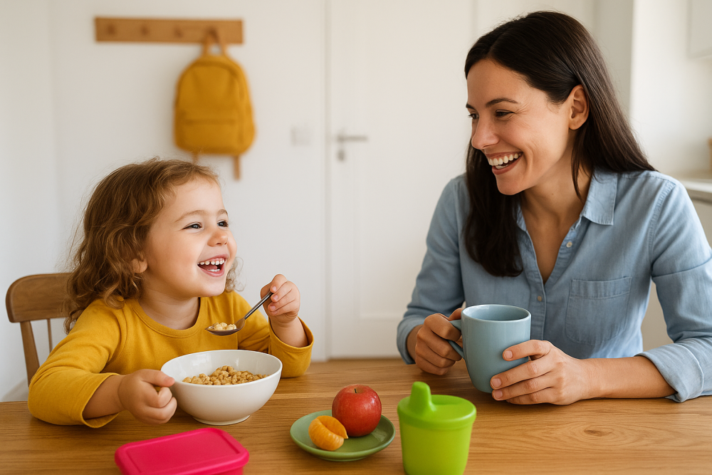 A mother chats with her young daughter during breakfast.