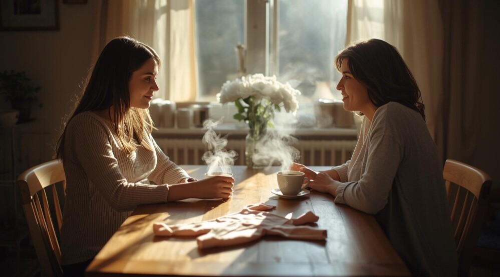 From parent to grandparent — symbolic image of white chrysanthemums in a vase by a softly lit window, reflecting family growth and changing roles.