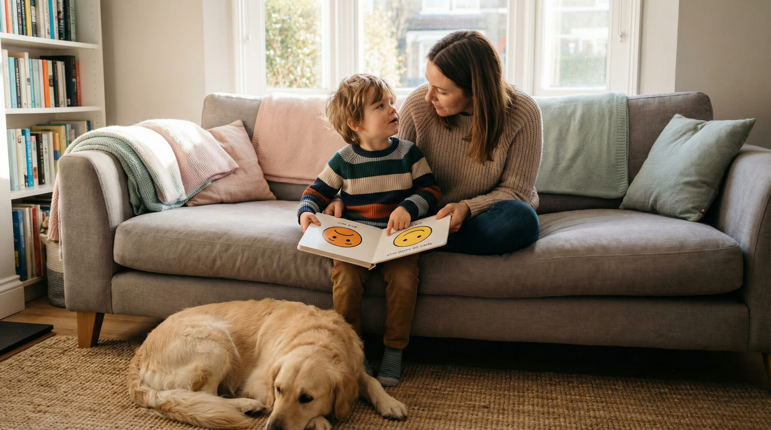 Parent listening to young child while talking about emotions