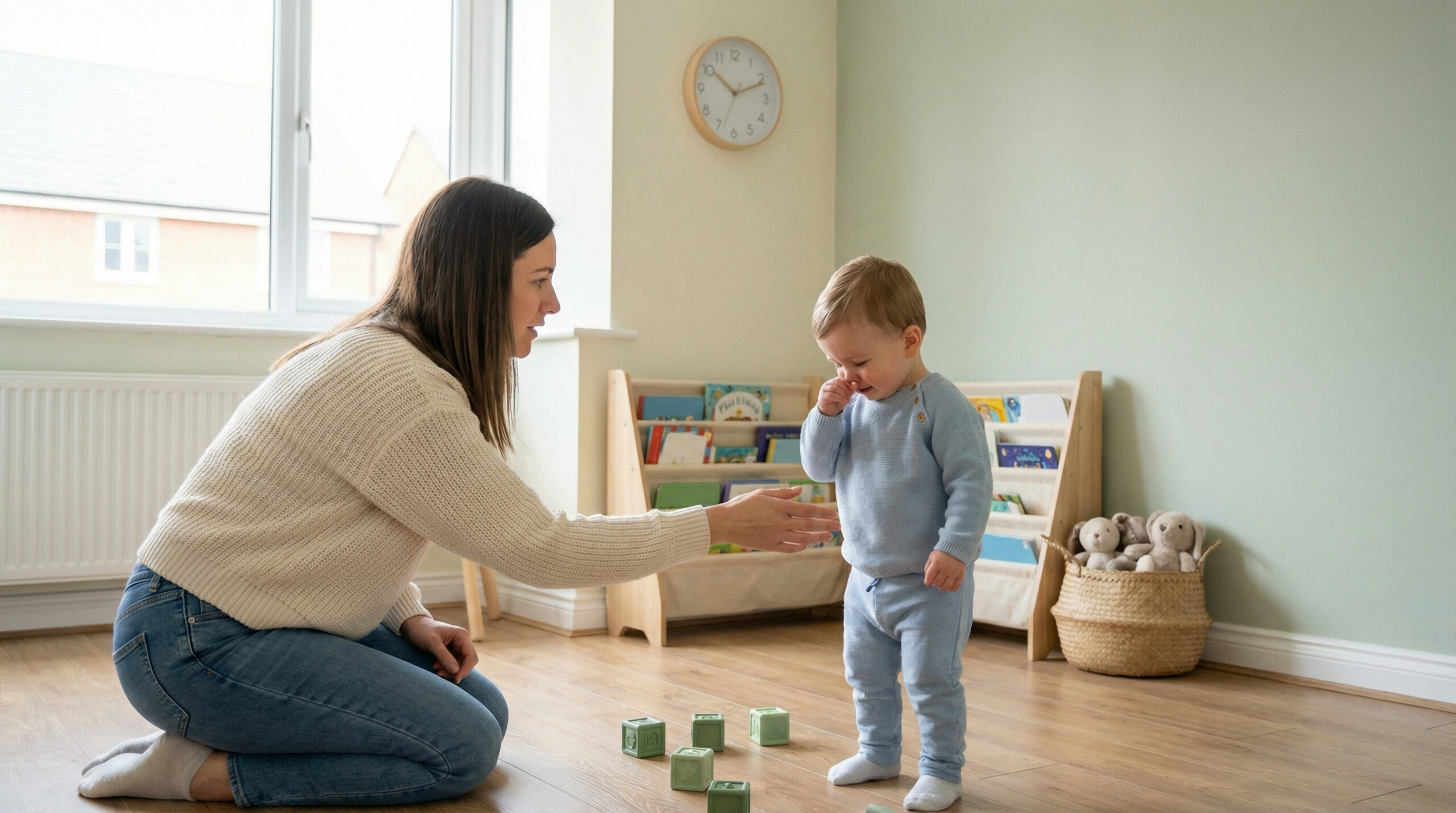 Mother calmly speaking to an upset toddler