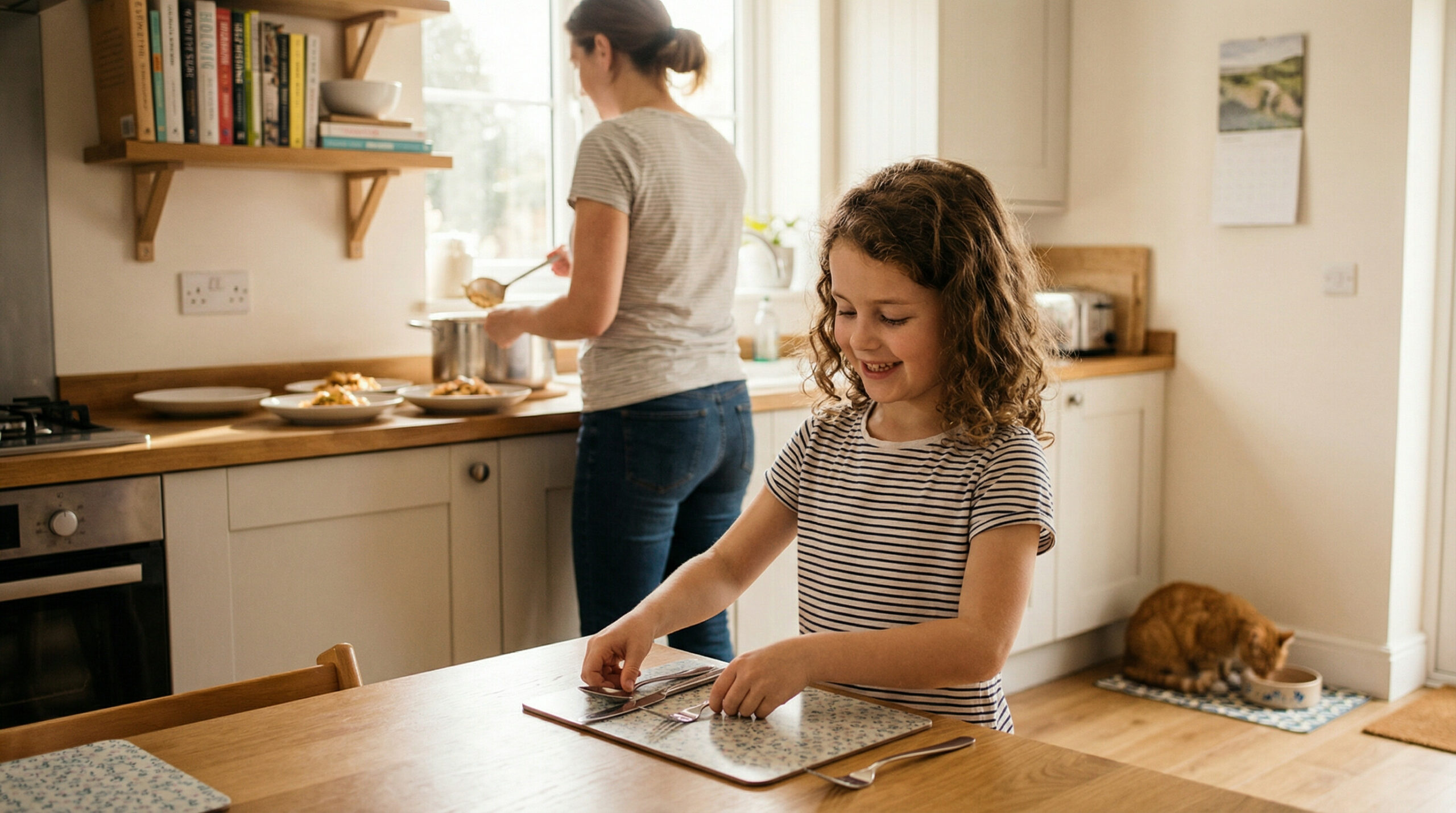 Child setting the table independently while a parent prepares food in the background